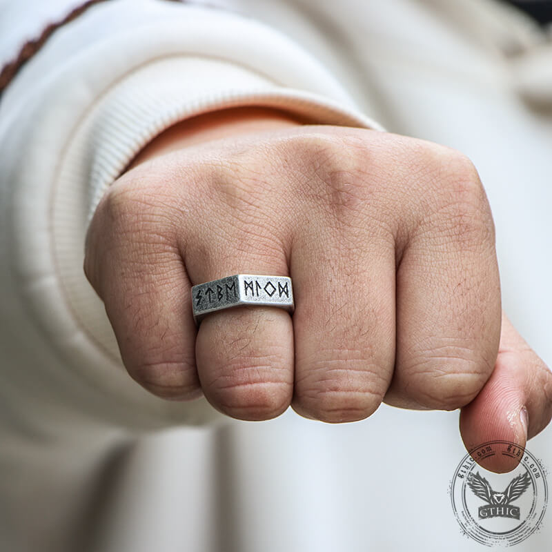 Viking Runes Hexagon Stainless Steel Geometric Ring