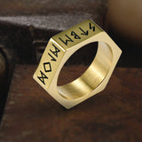Viking Runes Hexagon Stainless Steel Geometric Ring 02 gold | Gthic.com