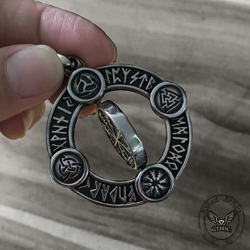 Viking Symbols Runes Vegvisir Stainless Steel Rotatable Pendant03 | Gthic.com