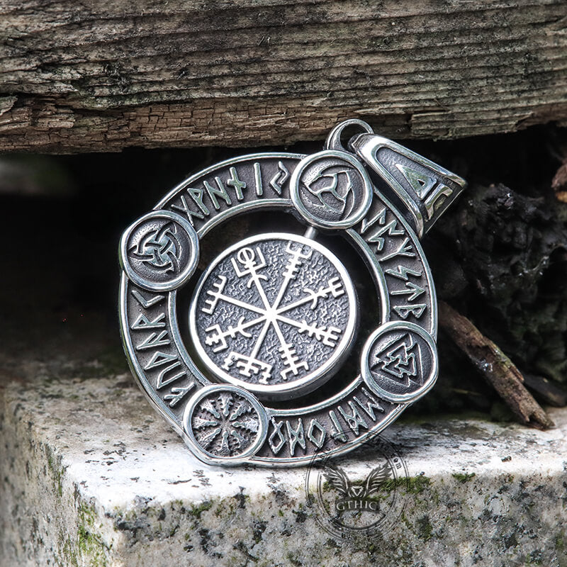 Viking Symbols Runes Vegvisir Stainless Steel Rotatable Pendant