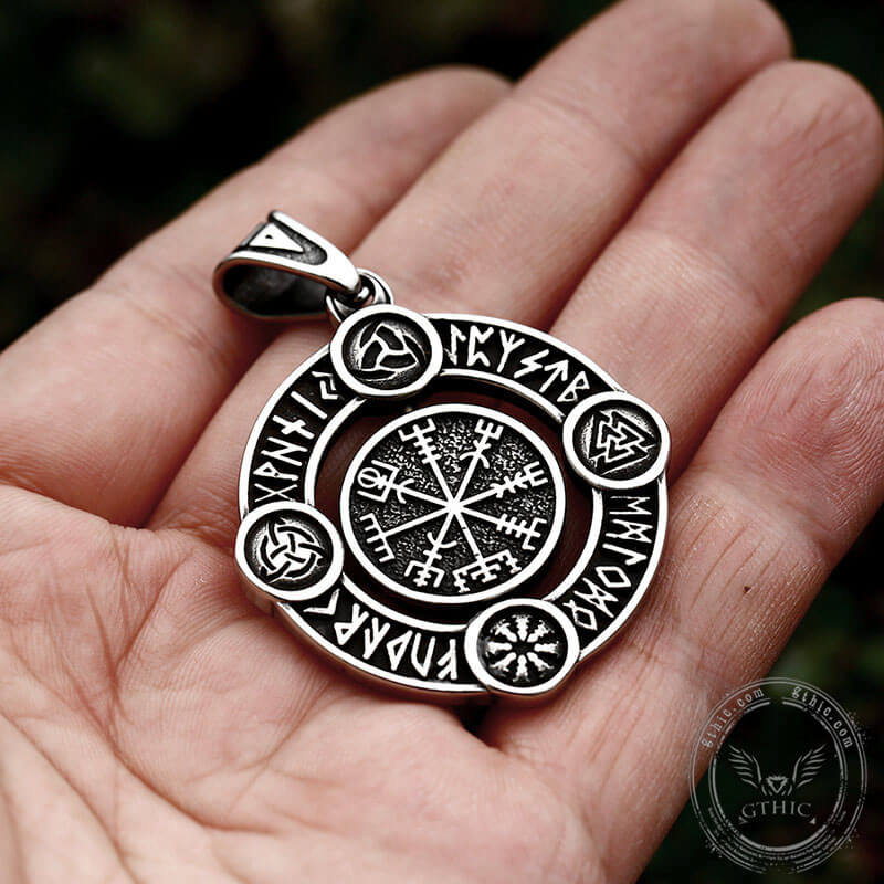 Viking Symbols Runes Vegvisir Stainless Steel Rotatable Pendant02 | Gthic.com