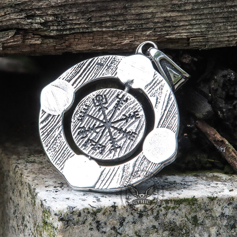 Viking Symbols Runes Vegvisir Stainless Steel Rotatable Pendant