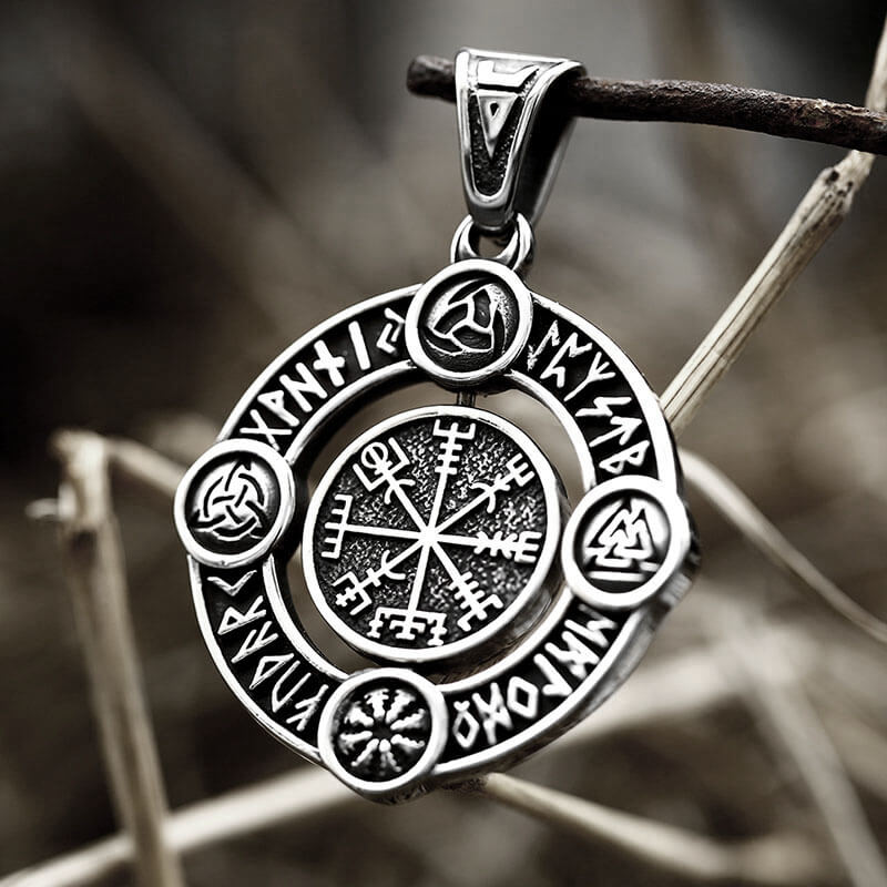 Viking Symbols Runes Vegvisir Stainless Steel Rotatable Pendant01 | Gthic.com