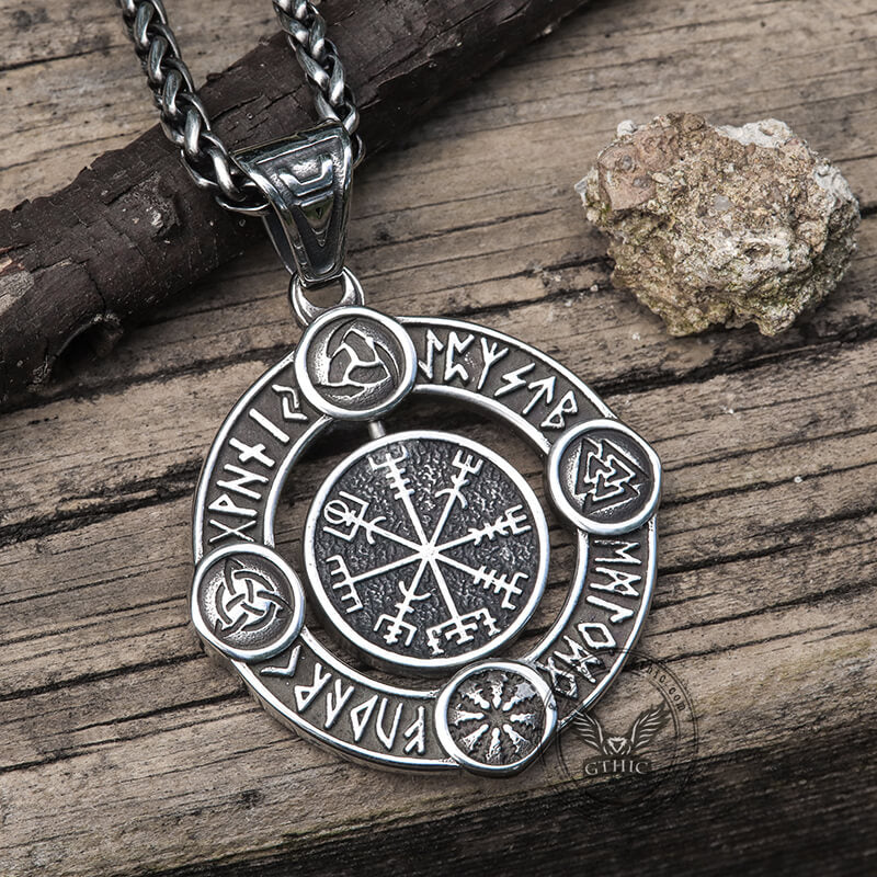 Viking Symbols Runes Vegvisir Stainless Steel Rotatable Pendant