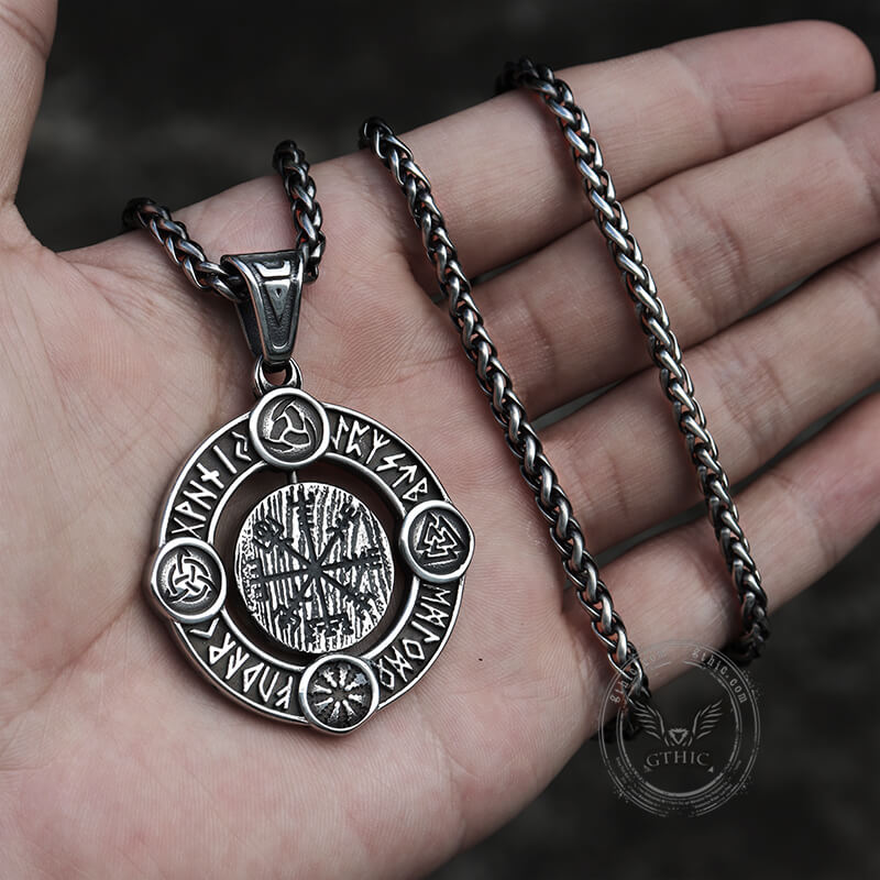 Viking Symbols Runes Vegvisir Stainless Steel Rotatable Pendant