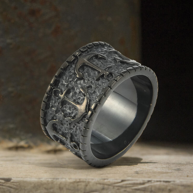 Vintage Anchor Stainless Steel Marine Ring black | Gthic.com