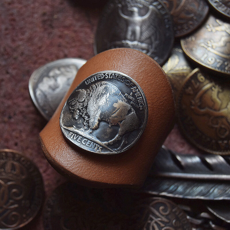 Vintage Buffalo Nickel Leather Scarf Ring brown 01 | Gthic.com
