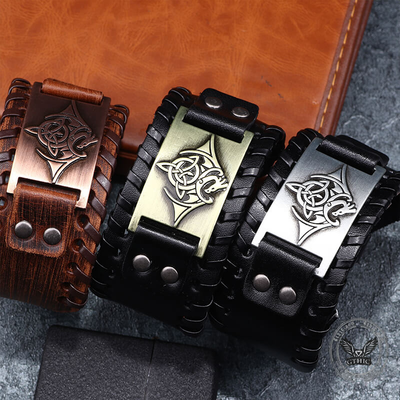 Vintage Celtic Dragon Alloy Leather Viking Bracelet | Gthic.com