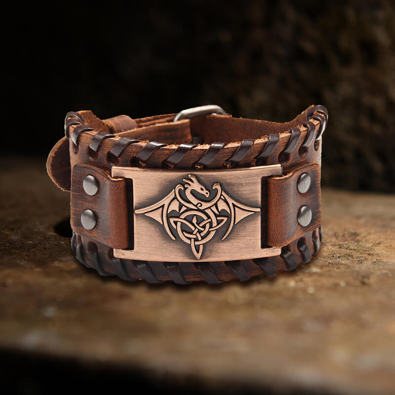 Vintage Celtic Dragon Alloy Leather Viking Bracelet | Gthic.com