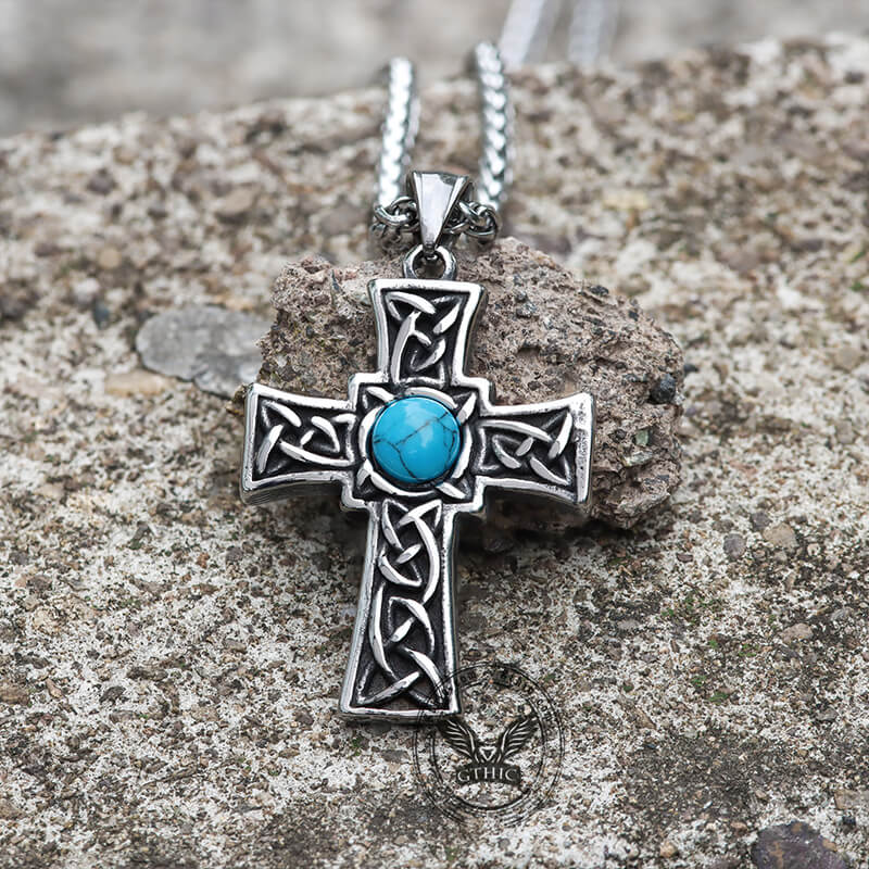 Vintage Celtic Knot Turquoise Stainless Steel Cross Pendant | Gthic.com