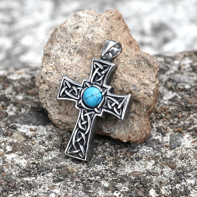 Vintage Celtic Knot Turquoise Stainless Steel Cross Pendant | Gthic.com