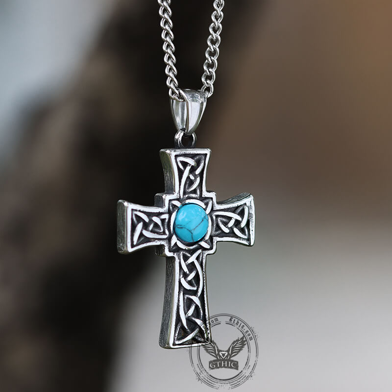 Vintage Celtic Knot Turquoise Stainless Steel Cross Pendant | Gthic.com