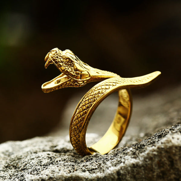Vintage Cobra Stainless Steel Snake Ring gold03 | Gthic.com