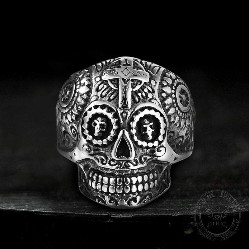 Vintage Cross Pattern Stainless Steel Skull Ring03 | Gthic.com