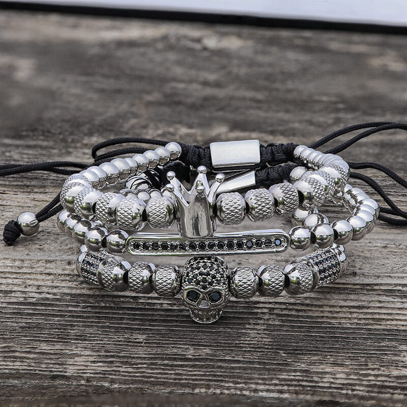 Vintage Crown Stainless Steel Skull Bracelet Set | Gthic.com