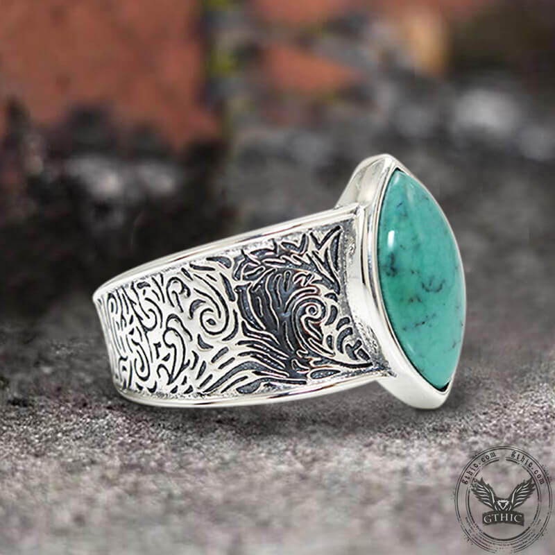 Vintage Engraved Turquoise Sterling Silver Band Ring | Gthic.com