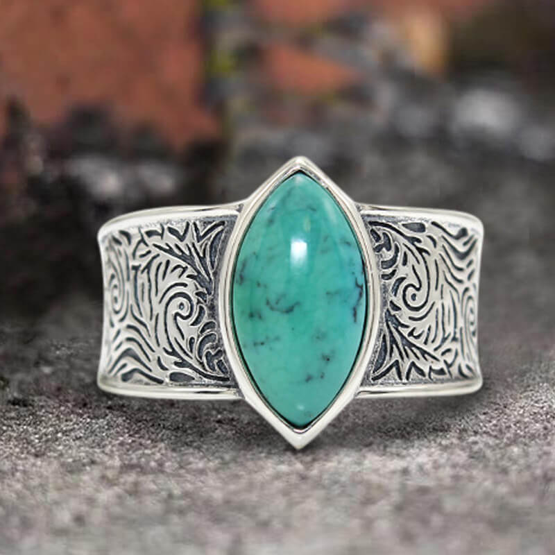 Vintage Engraved Turquoise Sterling Silver Band Ring | Gthic.com
