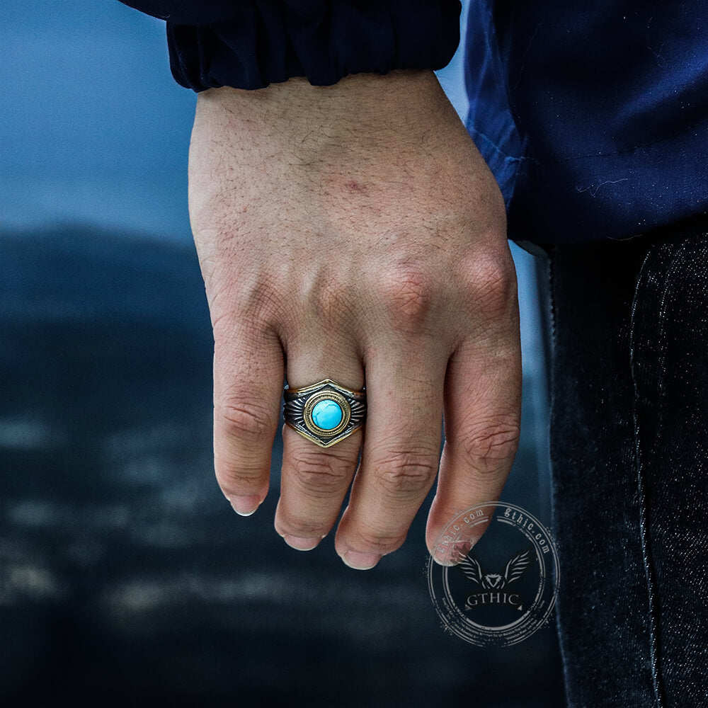 Vintage Feather Inlaid Turquoise Stainless Steel Ring