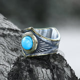 Vintage Feather Inlaid Turquoise Stainless Steel Ring