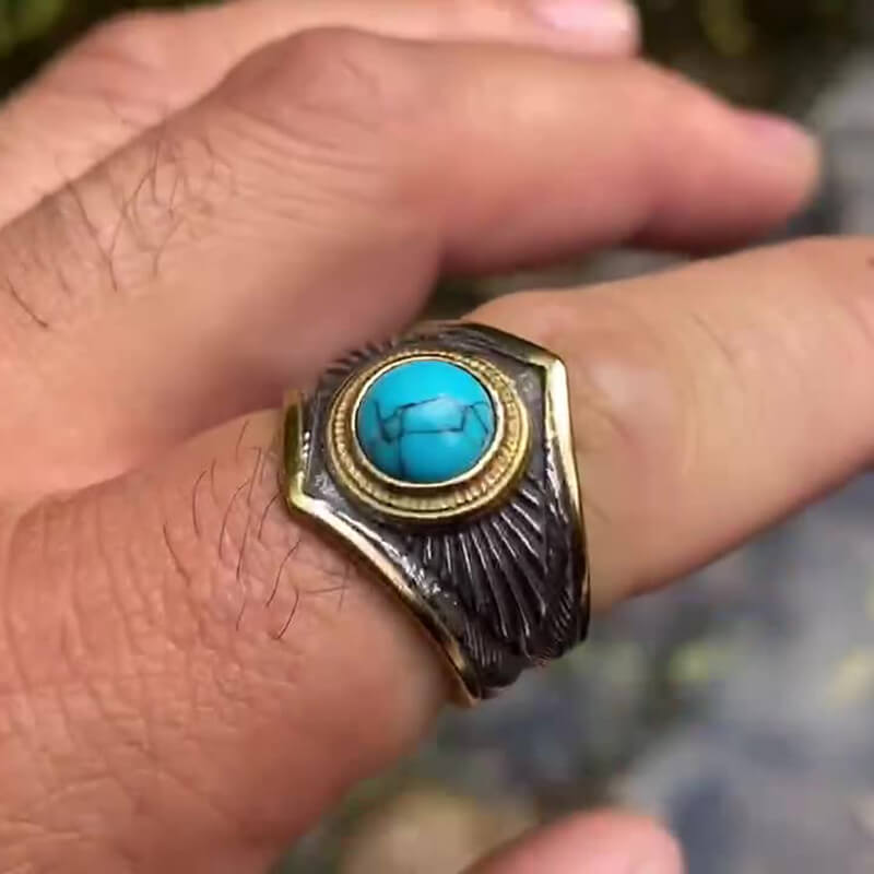 Vintage Feather Inlaid Turquoise Stainless Steel Ring 02 | Gthic.com
