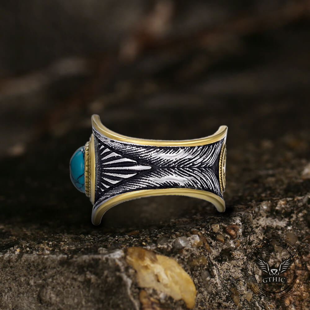 Vintage Feather Inlaid Turquoise Stainless Steel Ring