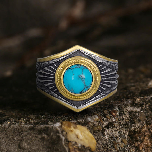 Vintage Feather Inlaid Turquoise Stainless Steel Ring 01 | Gthic.com