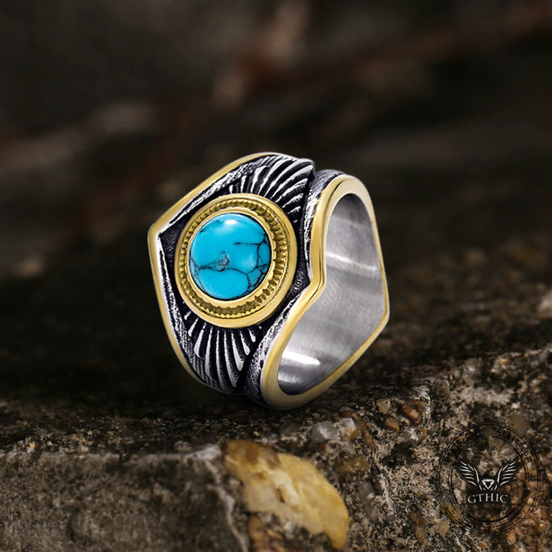 Vintage Feather Inlaid Turquoise Stainless Steel Ring 03 | Gthic.com