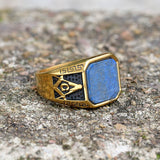 Vintage Frosted Lapis Lazuli Masonic Stainless Steel Ring 03 gold | Gthic.com