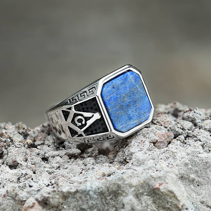 Vintage Frosted Lapis Lazuli Masonic Stainless Steel Ring Silver | Gthic.com