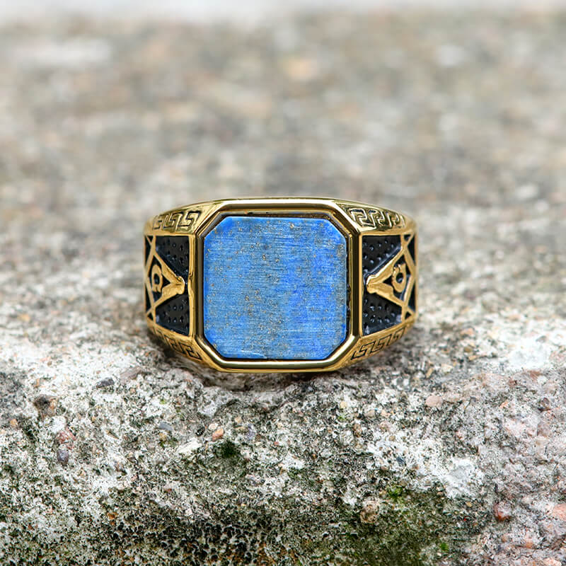 Vintage Frosted Lapis Lazuli Masonic Stainless Steel Ring 01 gold | Gthic.com