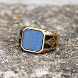 Vintage Frosted Lapis Lazuli Masonic Stainless Steel Ring 02 gold | Gthic.com