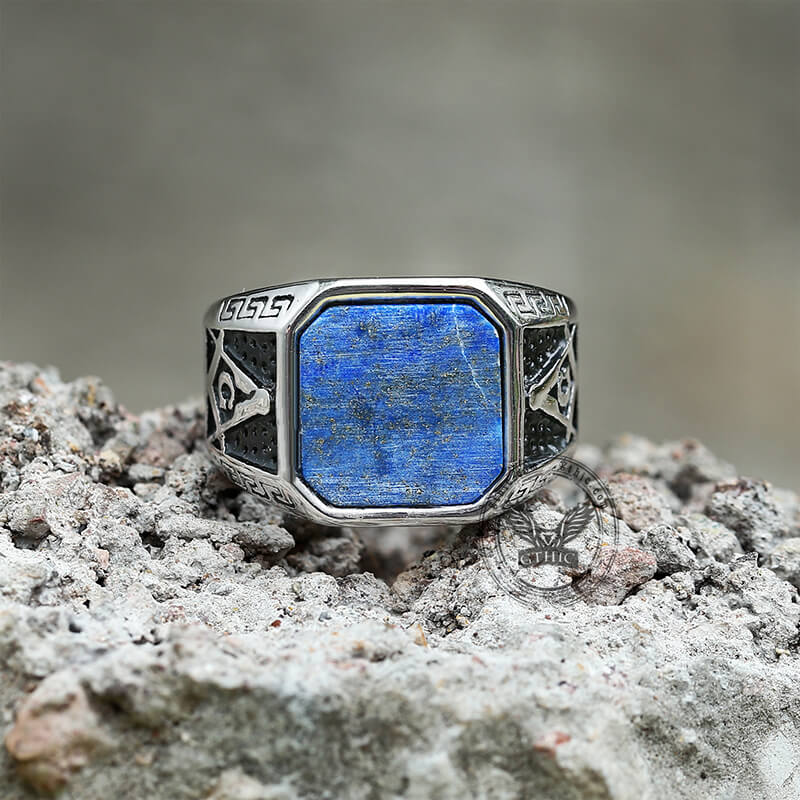 Vintage Frosted Lapis Lazuli Masonic Stainless Steel Ring Silver | Gthic.com