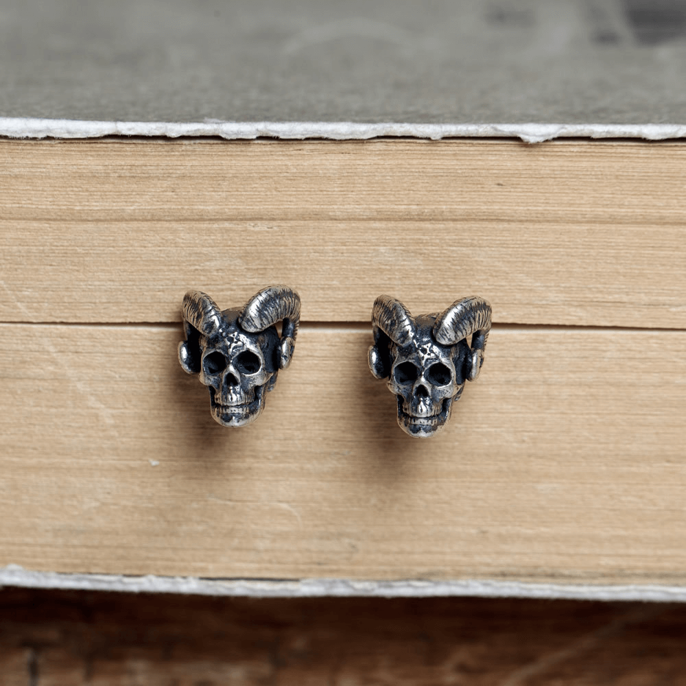 Vintage Goat Head Skull Sterling Silver Stud Earrings