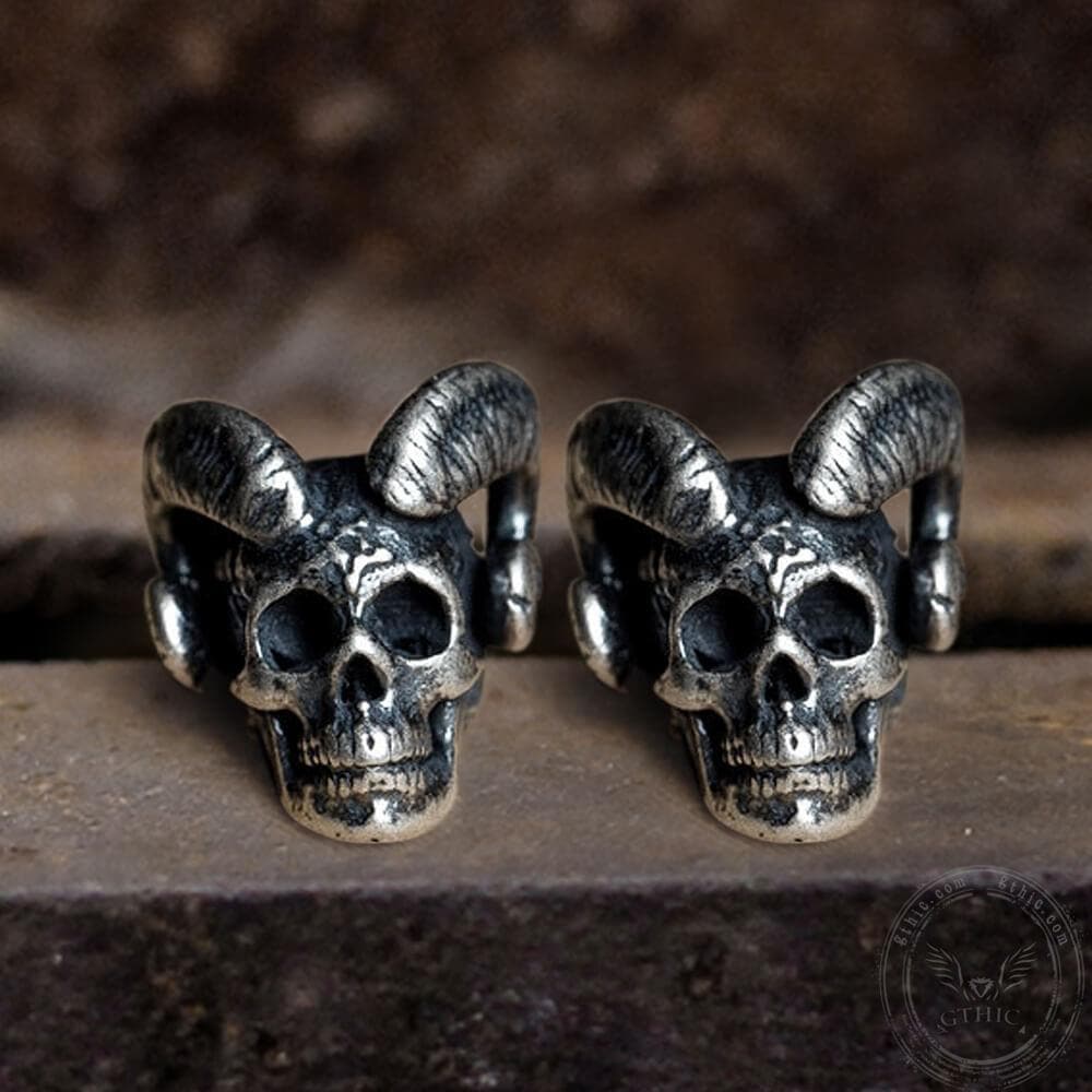Vintage Goat Head Skull Sterling Silver Stud Earrings 01 | Gthic.com