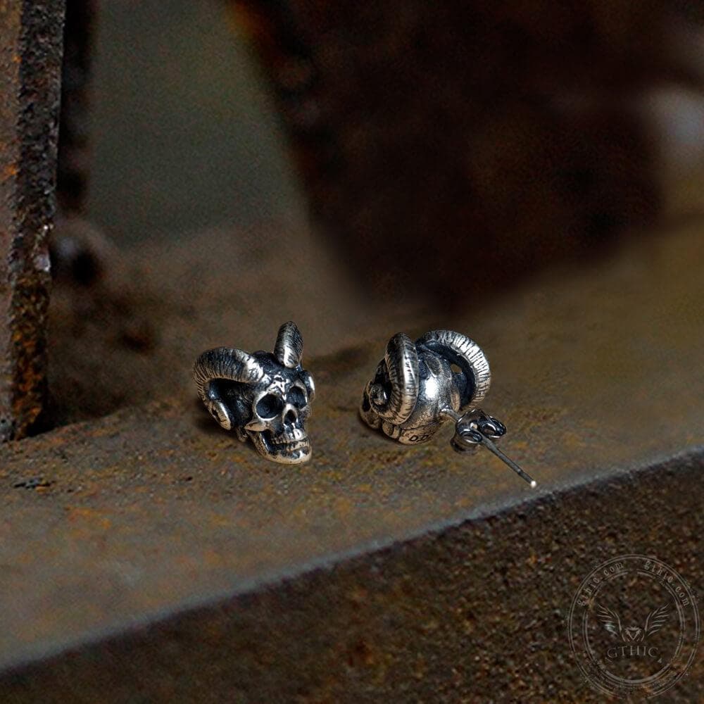 Vintage Goat Head Skull Sterling Silver Stud Earrings 04 | Gthic.com