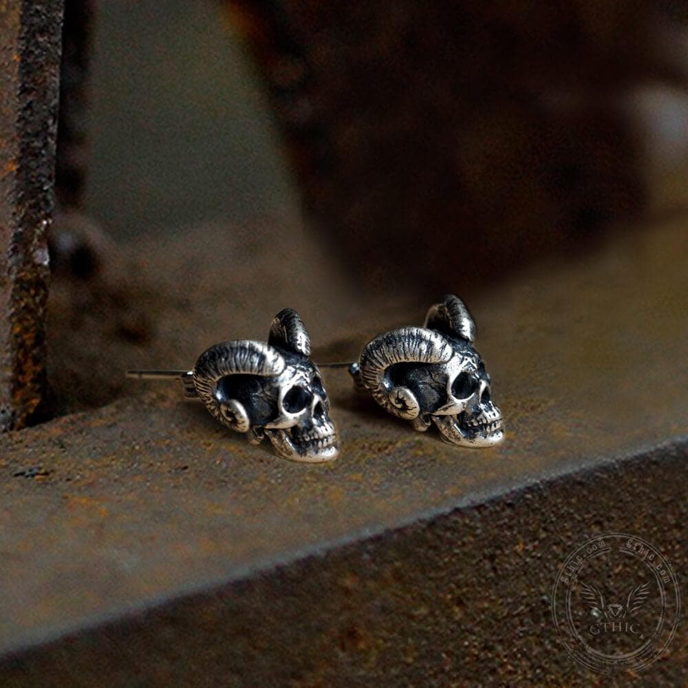 Vintage Goat Head Skull Sterling Silver Stud Earrings 05 | Gthic.com