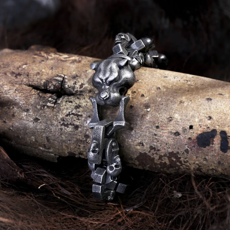 Vintage Leopard Head Stainless Steel Skull Bracelet | Gthic.com