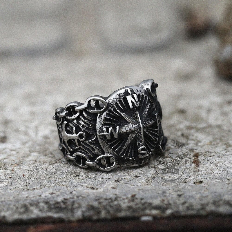 Vintage Northern Pirate Compass Stainless Steel Marine Ring 01 | Gthic.com