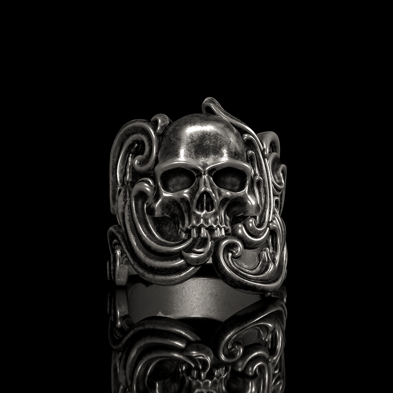 Vintage Pattern Sterling Silver Skull Ring | Gthic.com