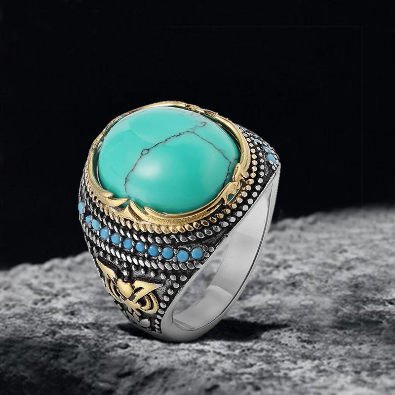 Retro Turquoise & Onyx Ring – Stainless Steel, Lab-Created Stone, Hypoallergenic Men's/Women's Ring For Gifts