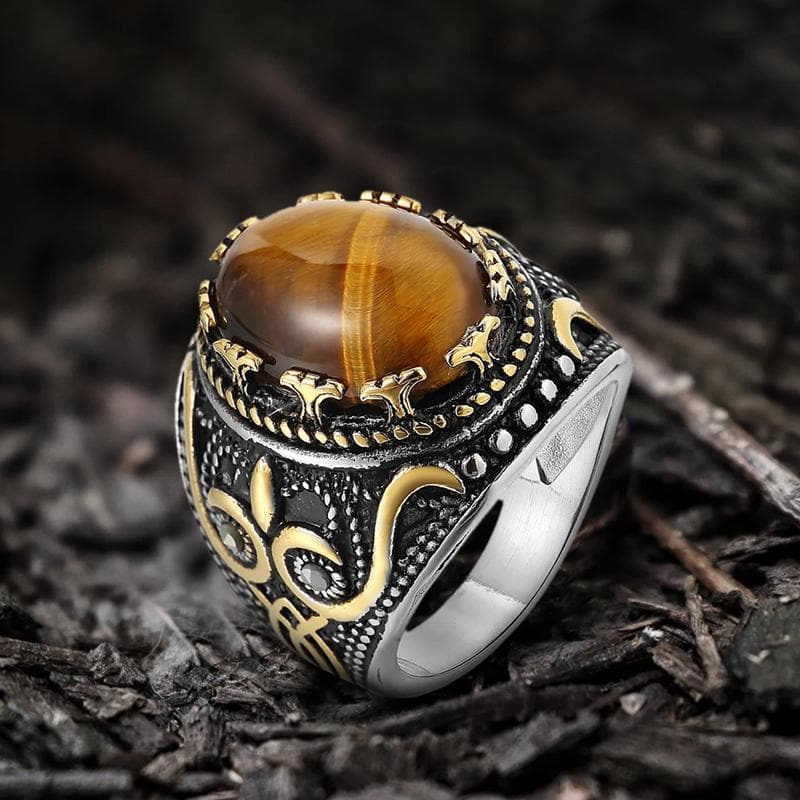 Vintage Pattern Turquoise Tiger-Eye Stainless Steel Ring