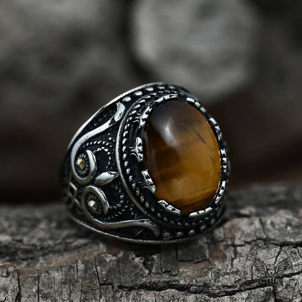 Vintage Pattern Turquoise Tiger-Eye Stainless Steel Ring