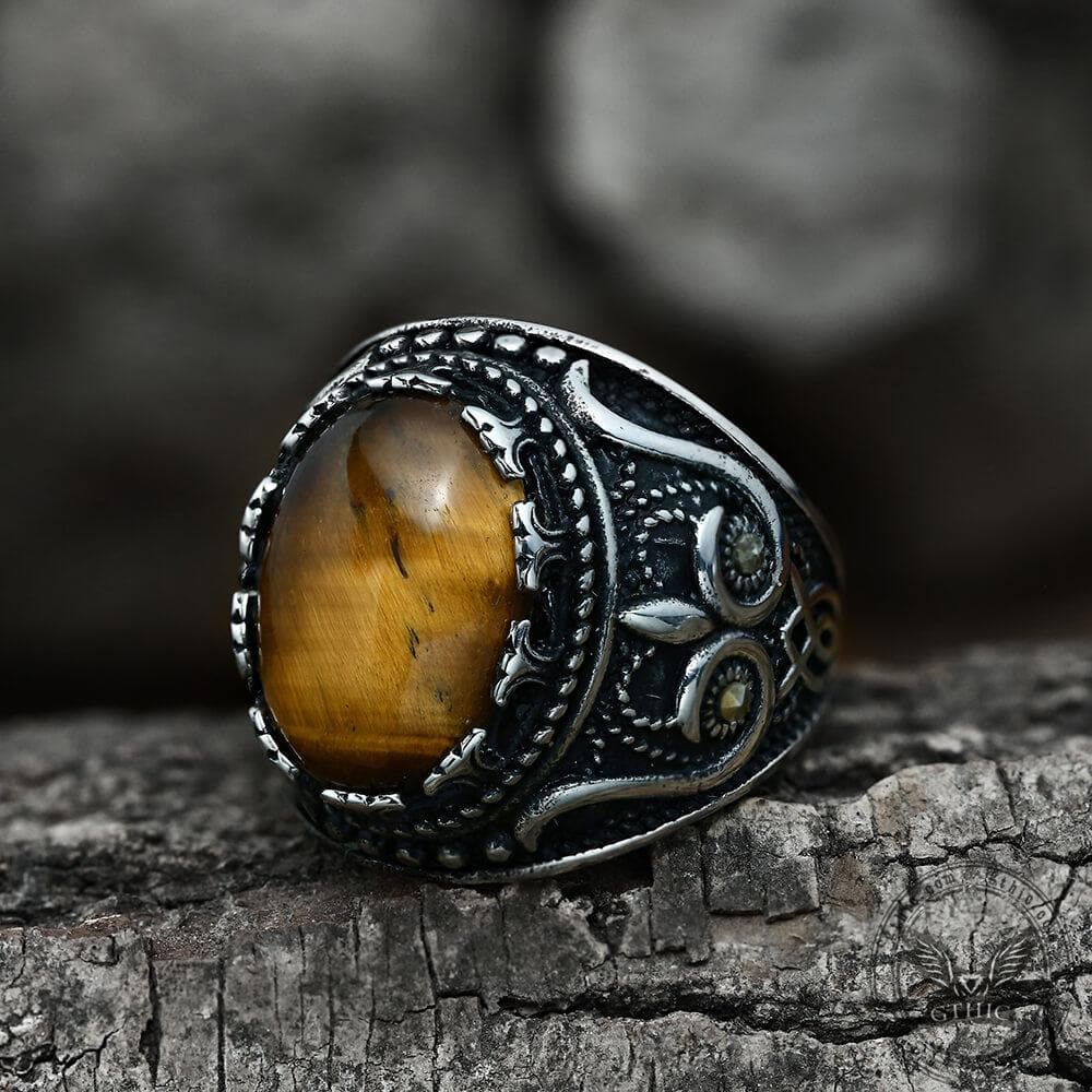 Vintage Pattern Turquoise Tiger-Eye Stainless Steel Ring
