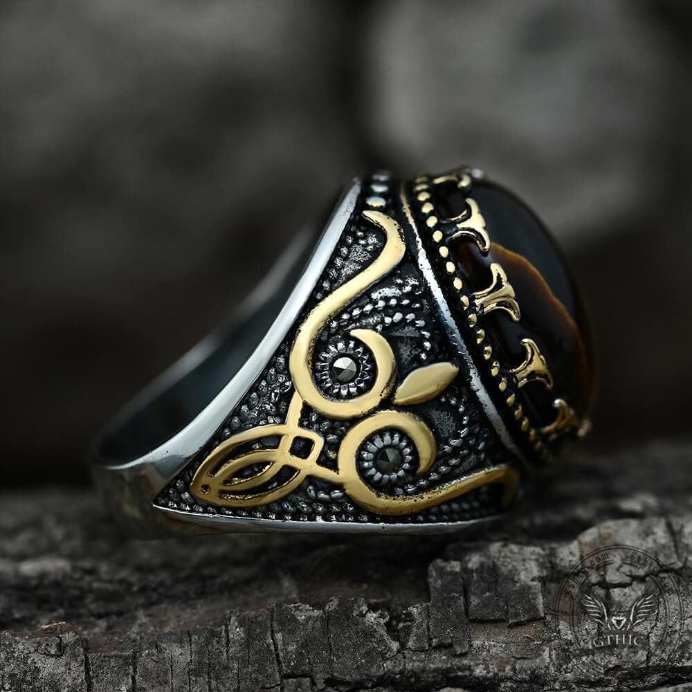 Vintage Pattern Turquoise Tiger-Eye Stainless Steel Ring