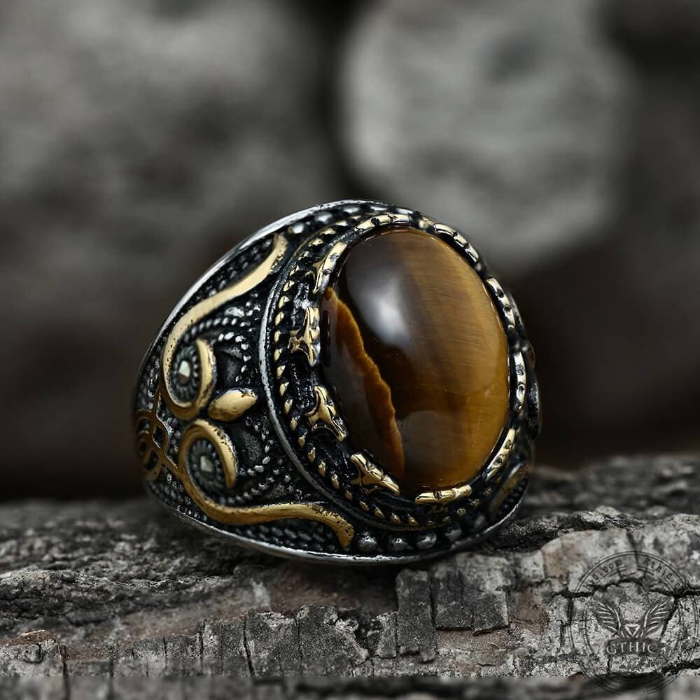 Vintage Pattern Turquoise Tiger-Eye Stainless Steel Ring