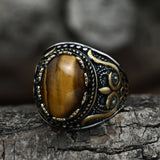 Vintage Pattern Turquoise Tiger-Eye Stainless Steel Ring 01 | Gthic.com