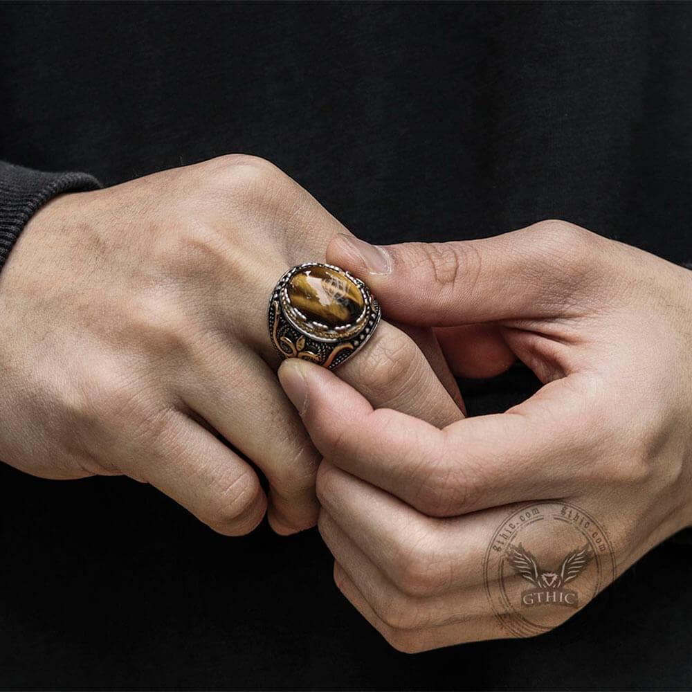 Vintage Pattern Turquoise Tiger-Eye Stainless Steel Ring 02 | Gthic.com