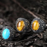 Vintage Pattern Turquoise Tiger-Eye Stainless Steel Ring 03 | Gthic.com