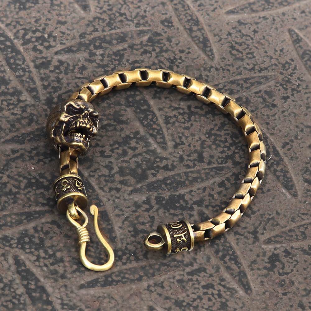 Vintage Skull Brass Box Chain Bracelet 01 | Gthic.com