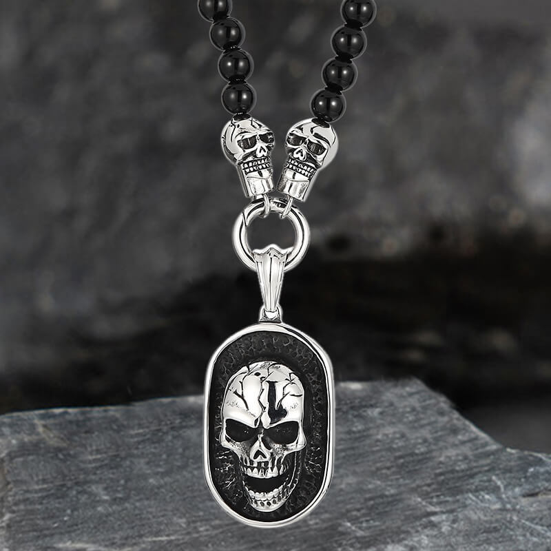 Vintage Skull Head Agate Stainless Steel Necklace | Gthic.com